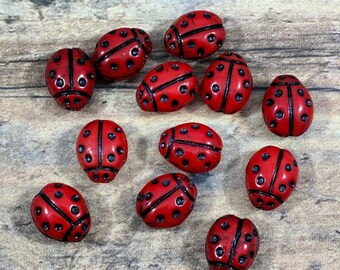 Ladybug Beads, Czech Glass Lady Bugs Beads, Red and Black Beads, 10x7mm Ladybug Beads, Nature Beads - Qty 10 pcs