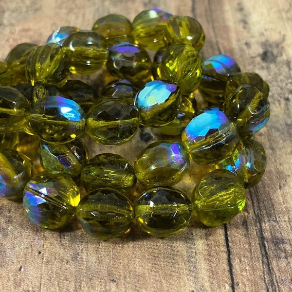 10mm Melon Beads, Czech Glass Melon Beads, Peridot Green with AB Finish, Czech Glass Beads - Qty 12 pcs