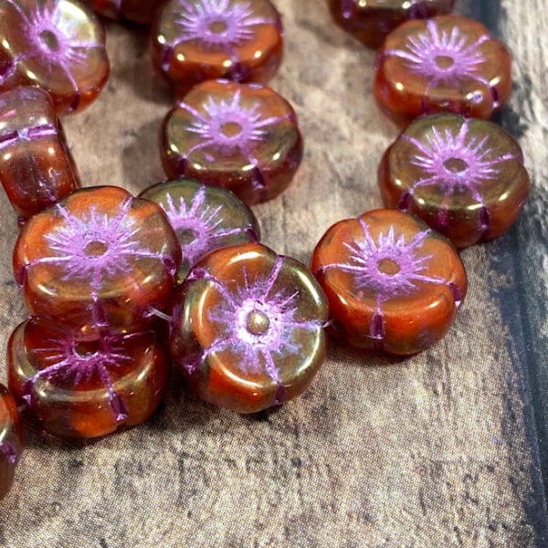 12mm Red and Pink Hibiscus Beads, Czech Glass Flower Beads, Boysenberry and Ladybug Red with Golden Luster & Pink Wash, Nature Beads - Qty 6