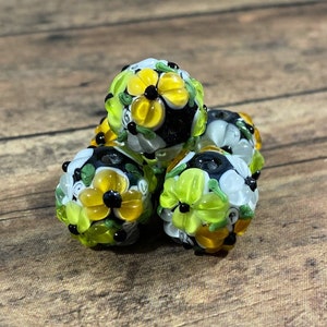 Bright Yellow and White Lampwork Flower Beads, 14mm White and Yellow Floral Lamp Work Beads,  Two Tone Flower - Qty 2 pcs