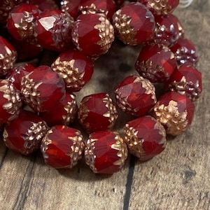 8mm Ruby Red Cathedral Faceted Glass Beads with Copper Finish, Czech Glass Beads, Red Faceted Beads - Qty 10 pcs