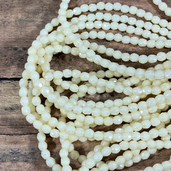 Czech Ivory with Luster Finish Faceted Round Beads, 4mm Czech Firepolish Ivory Glass Beads, Beige Spacer Beads - Qty 50 pcs