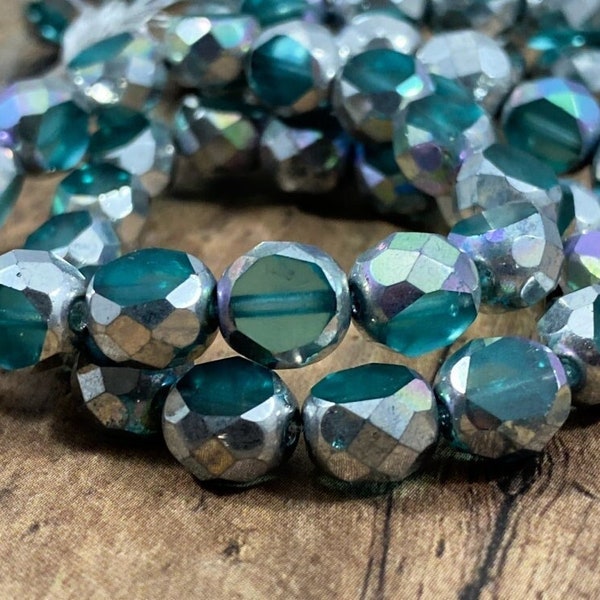 Sea Green and Silver AB 8mm Table Cut Beads, Unique Czech Faceted Round Bead, Transparent Sea Green Czech Glass Beads - Qty 10 pcs