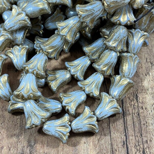 Czech Glass Beads, Grey Lily Flowers with Gold Wash, 10mm Grey Flower Beads, Silver Tulip Flower Beads, Nature Beads - Qty 10 pcs