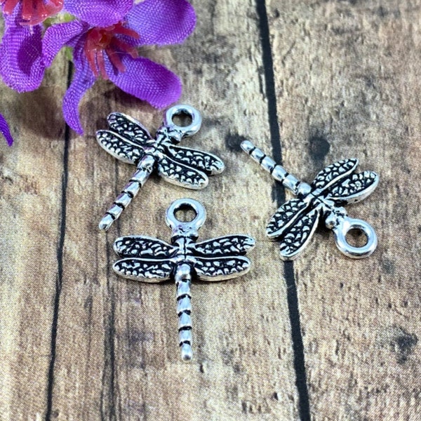 TierraCast Dragonfly Charm, Antique Silver Dragonfly, Small Silver Charms, Nature Charms, Made in USA  - Qty 2 pcs