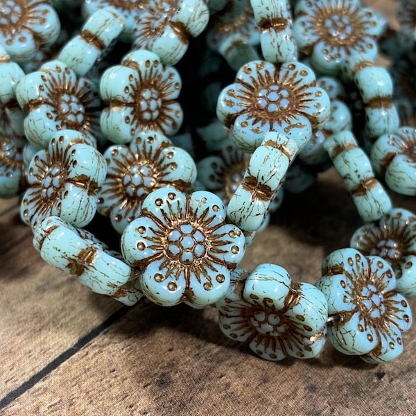 Turquoise Wild Rose Flower Beads Czech Glass Beads, 14mm Flower Beads, Light Blue Flowers with Dark Bronze Wash, Nature Beads - Qty 6pcs