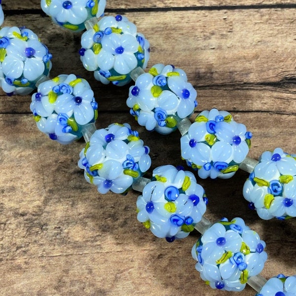 Light Blue Lampwork Flower Beads, 14mm Blue Floral Lamp Work Beads - Qty 2 pcs
