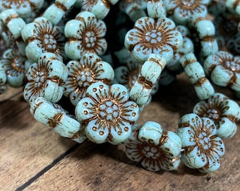 Turquoise Wild Rose Flower Beads Czech Glass Beads, 14mm Flower Beads, Light Blue Flowers with Dark Bronze Wash, Nature Beads - Qty 6pcs