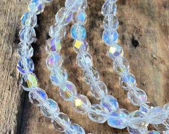 6mm Clear AB Czech Firepolished Glass Beads, Faceted Round Translucent Beads for Jewelry Making - Qty 25 pcs