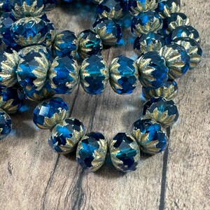 Czech Glass Cruller Beads, 10x7mm Pacific Blue Rondelle with Picasso Finish and Gold Wash, Firepolish Faceted Rondelle Beads - Qty 10 pcs