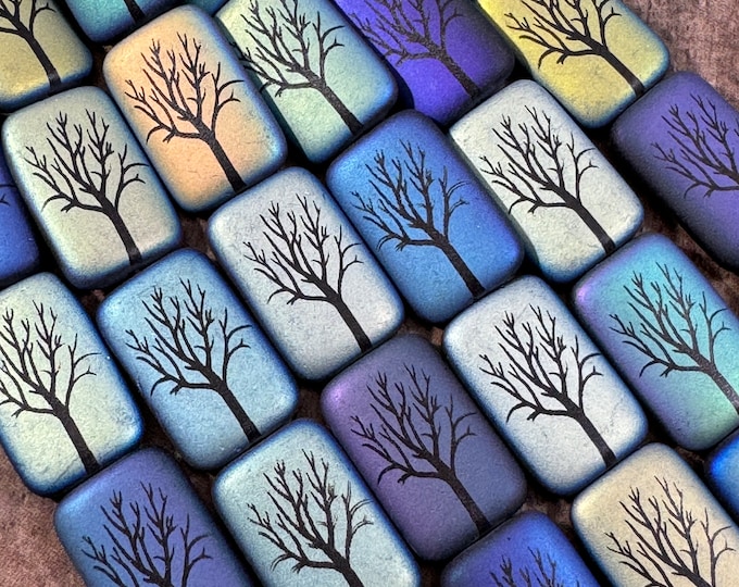 Black AB Tree Czech Glass Beads, Opaque Matte Beige Laser Tattoo Trees ...