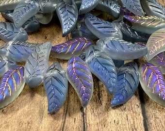 Translucent Grey Blue AB Leaf Glass Beads, 18mm Pressed Glass with One-Sided Iridescent Finish - Qty 8pcs