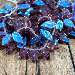 Amethyst AB Czech Glass Leaf Beads | 10x6mm Purple Leaves with One-Sided Aurora Finish - Qty 25 pcs