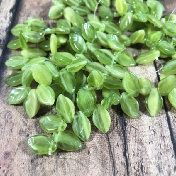 Green Czech Glass Leaf Beads Transparent Olivine Ivory Leaves, 12x7mm Spring Green Leaves - Qty 25 pcs