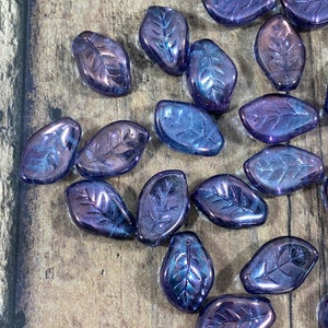 Amethyst Wavy Leaf Czech Glass Beads | Purple Leaf Beads for Jewelry Making - Qty 25 pcs