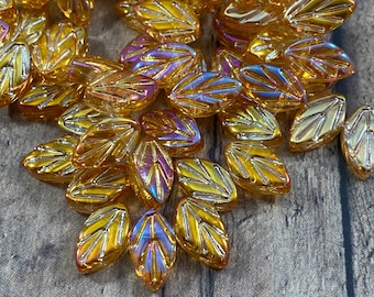 Orange AB Glass Leaf Beads, 11mm Transparent Orange Leaves, Glass Beech Leaves, Fall Leaves, Top-Drilled Leaf Beads - Qty 25 pcs