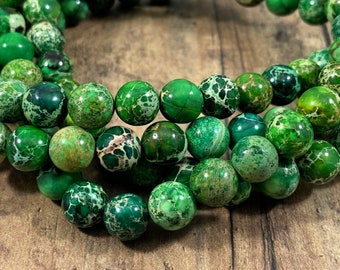 Natural Green Sea Sediment Jasper Beads, Green Jasper Smooth Round Beads, 16 in. strand, Natural Gemstone Beads