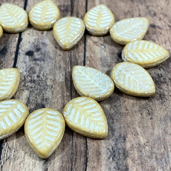 Czech Glass Leaf Beads, Yellow Ivory with Mercury Finish Leaves, 16x12mm Etched Leaves, Yellow and White Leaves, Nature Beads - Qty 10 pcs