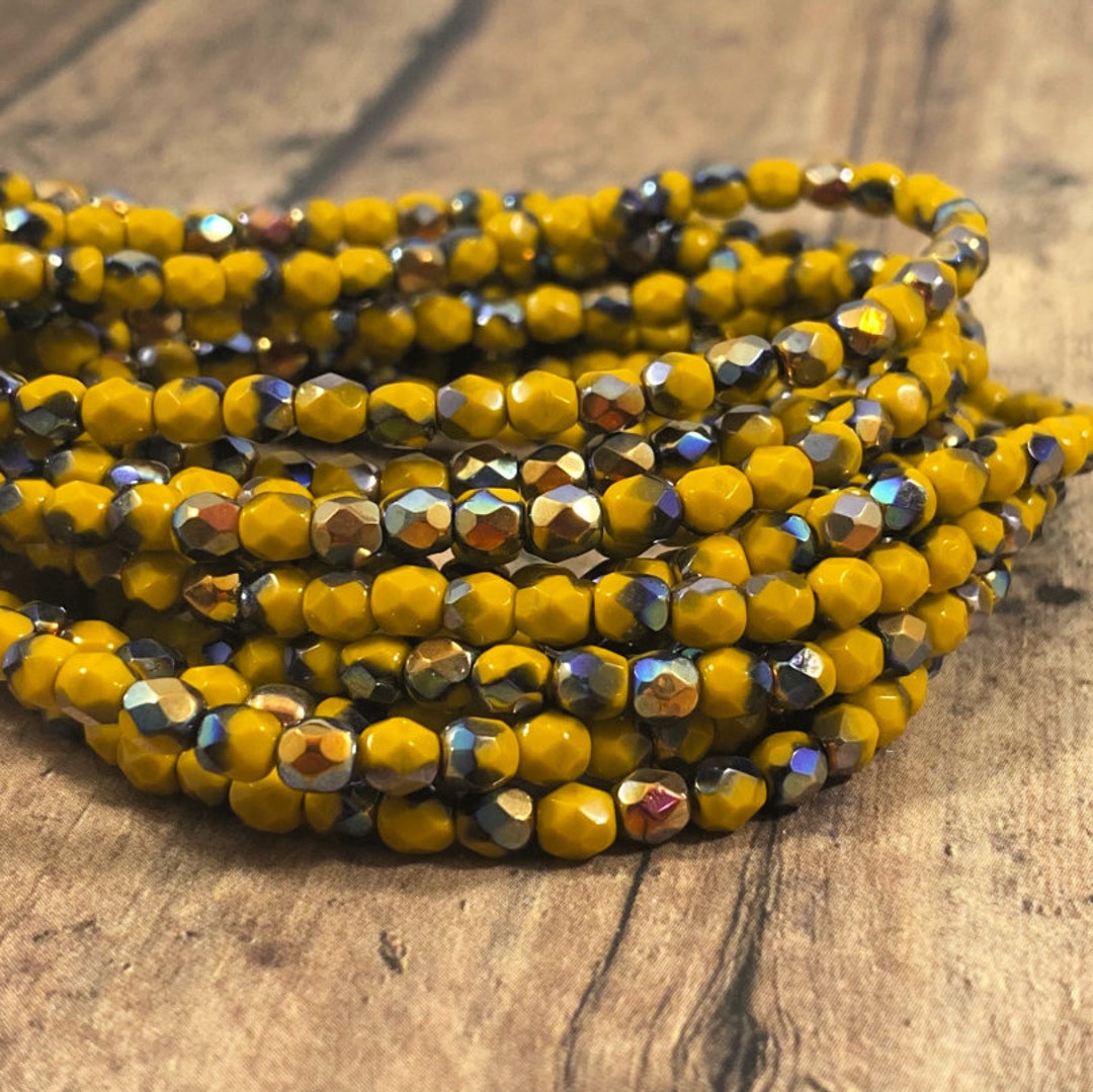 4mm Czech Firepolish Yellow Beads, Marigold Yellow Faceted Round Beads