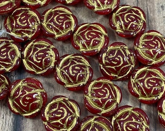 Red Hedge Rose Czech Glass Beads, 16mm Transparent Red with Gold Wash Flower Beads, Red Flower Beads, Nature Beads - Qty 4 pcs
