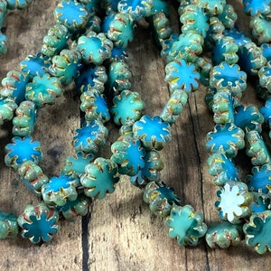 Czech Glass Beads Cactus Flower Beads - 9mm Sea Green & Sky Blue with Picasso Finish, Table-Cut Floral Beads - Qty 15 pcs