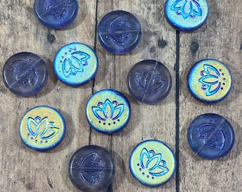 14mm Transparent Purple Lotus Coin with AB Half Coat Finish Czech Glass Beads, Purple Lotus Flower Bead - Qty 6 pcs
