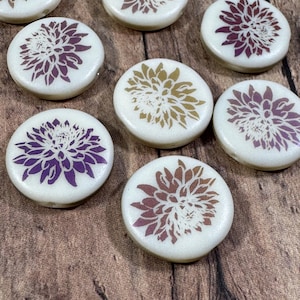 Ivory Dahlia Czech Glass Beads, 17mm Opaque Beige Laser Tattoo Dahlia Flowers with Rainbow Finish, Coin Beads, Focal Beads - Qty 6 pcs