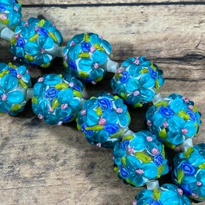 Teal Flower Beads, Lampwork Flower Beads, 14mm Blue Floral Lamp Work Beads - Qty 2 pcs
