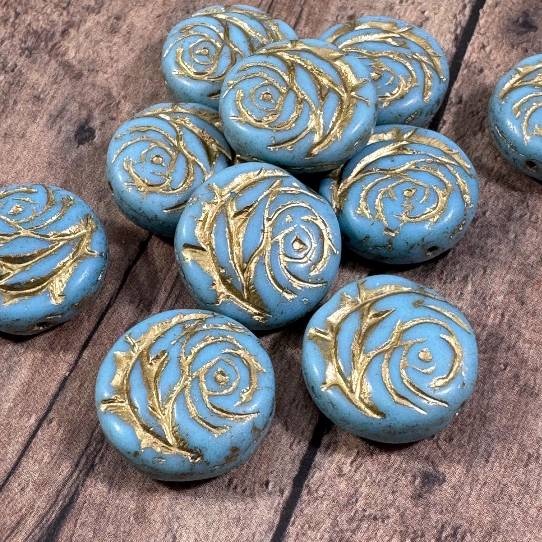 Sky Blue Rose With Gold Wash, Czech Glass Beads, 17mm Matte Blue Flower ...