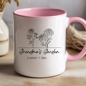 Caneca personalizada com tema de jardim da avó, flores e nomes de nascimento personalizados, presente personalizado para o dia das mães, presente para o dia dos avós, caneca personalizada com flores de nascimento
