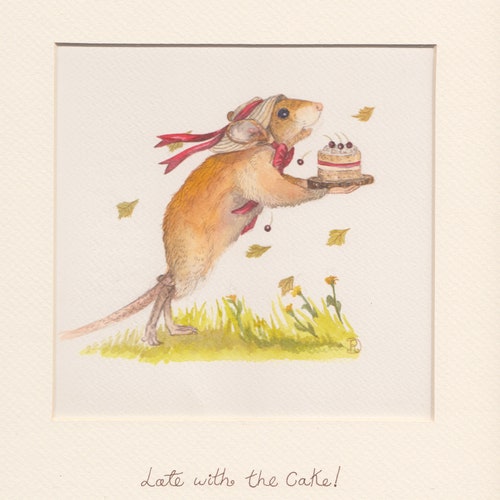 Little top lady mouse late for her party on cold pressed watercolor paper. Whimsical original painting perfect for storybook mouse lover.