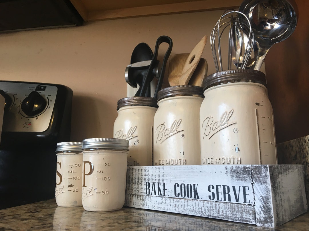 Utensil Holder Canister Set Tea Set Kitchen Storage Mason Etsy