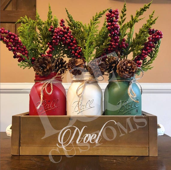 Mason Jar Christmas Centerpiece Mason Jar Christmas Noel Etsy