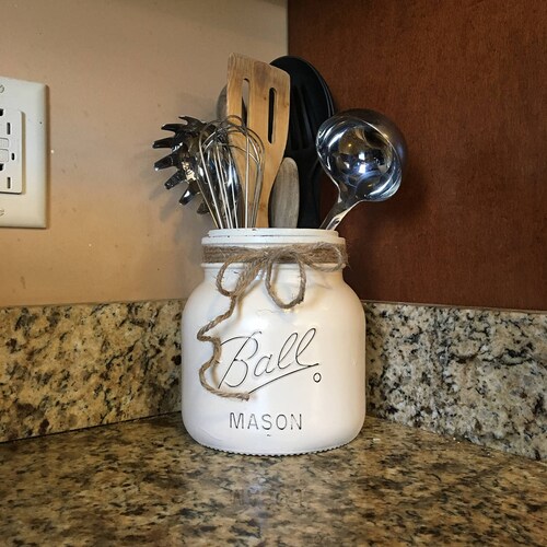 Navy Rustic Kitchen Utensil Holder Mason Jar Decor Kitchen Etsy