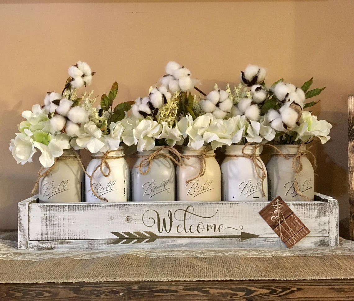Mason jar centerpiece grey mason jars cotton decor cotton Etsy