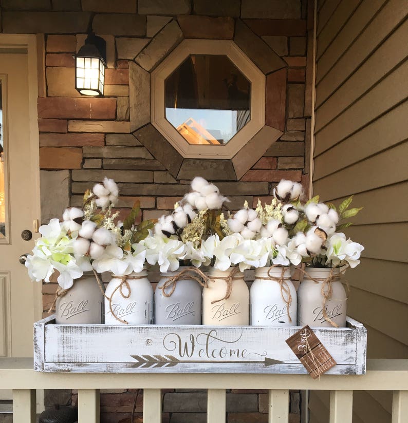 Mason jar centerpiece grey mason jars cotton decor cotton Etsy