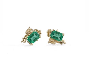 Natural Emerald Gold Stud Earrings | Emerald Cut Stud Earrings | Octagon Stud Earrings