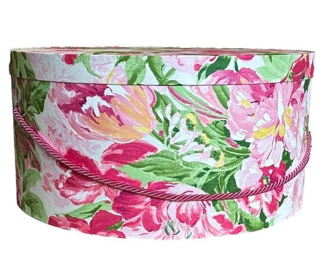 Extra Large 19”x9” Hat Box in Bright Pink Floral Fabric