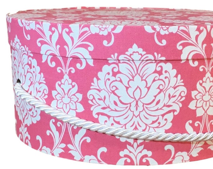 14”x7” Hat Box in Pink/Coral Damask Fabric