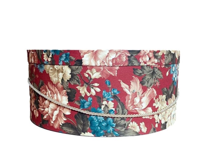 Extra Large 20”X9” Hat Box in Red, Blue, Green, Ecru Floral Fabric