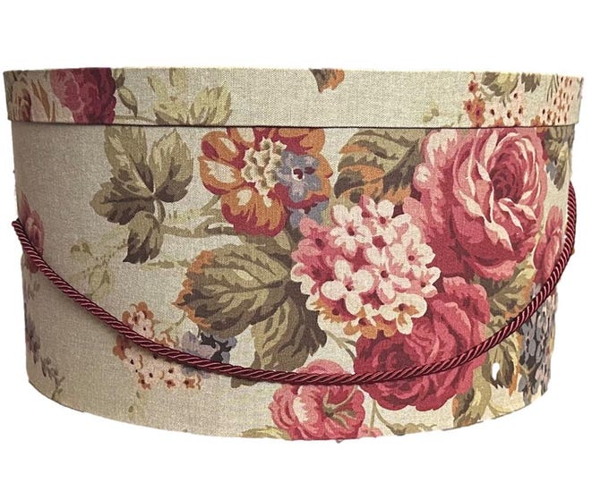 Extra Large 20”X10” Hat Box in Deep Red, Purple on Tan Floral Fabric