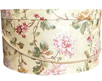 Large 16”x8” Hat Box in Yellow and Pink Floral Fabric