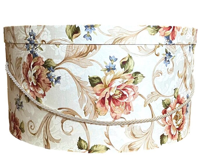 SALE! 25.00 Dollars Off of This Hat Box! Use Code MERRY25   Ends 12/11  Extra Large 20”x10” Hat Box in Rose and Gold Floral Scroll Fabric