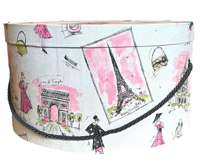 Large 16”x8” Hat Box in French Themed Fabric