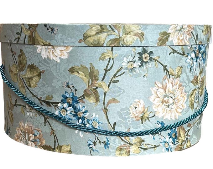 Extra Large 19”x9” Hat Box in Teal Floral Fabric