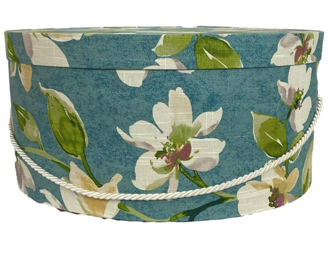 Extra Large 20” Hat Box in White Floral on Teal Fabric