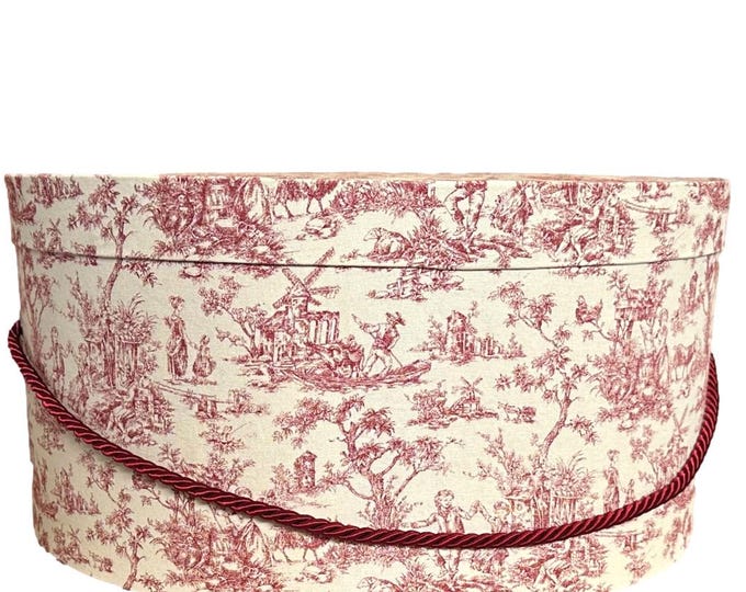 Large 17”x8”  Hat Box in Red and Beige Toile Fabric