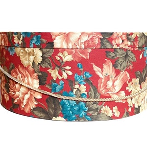 Extra Large 20X9 Hat Box in Red, Blue, Green, Ecru Floral Fabric image 1