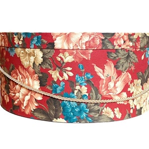 Extra Large 20”X9” Hat Box in Red, Blue, Green, Ecru Floral Fabric