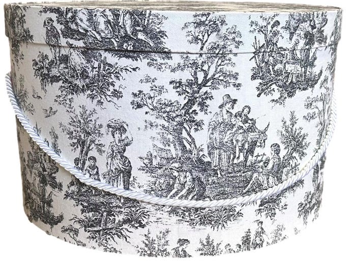 Large 17”X10” Hat Box in Black and White Toile Fabric